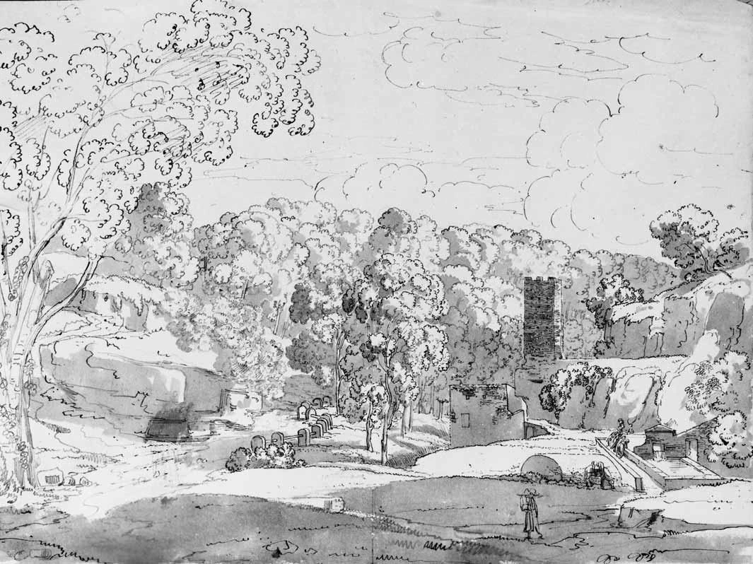 Luigi Basiletti-42-La torre e il lavatorio all'ingresso di marino sulla strada di Albano